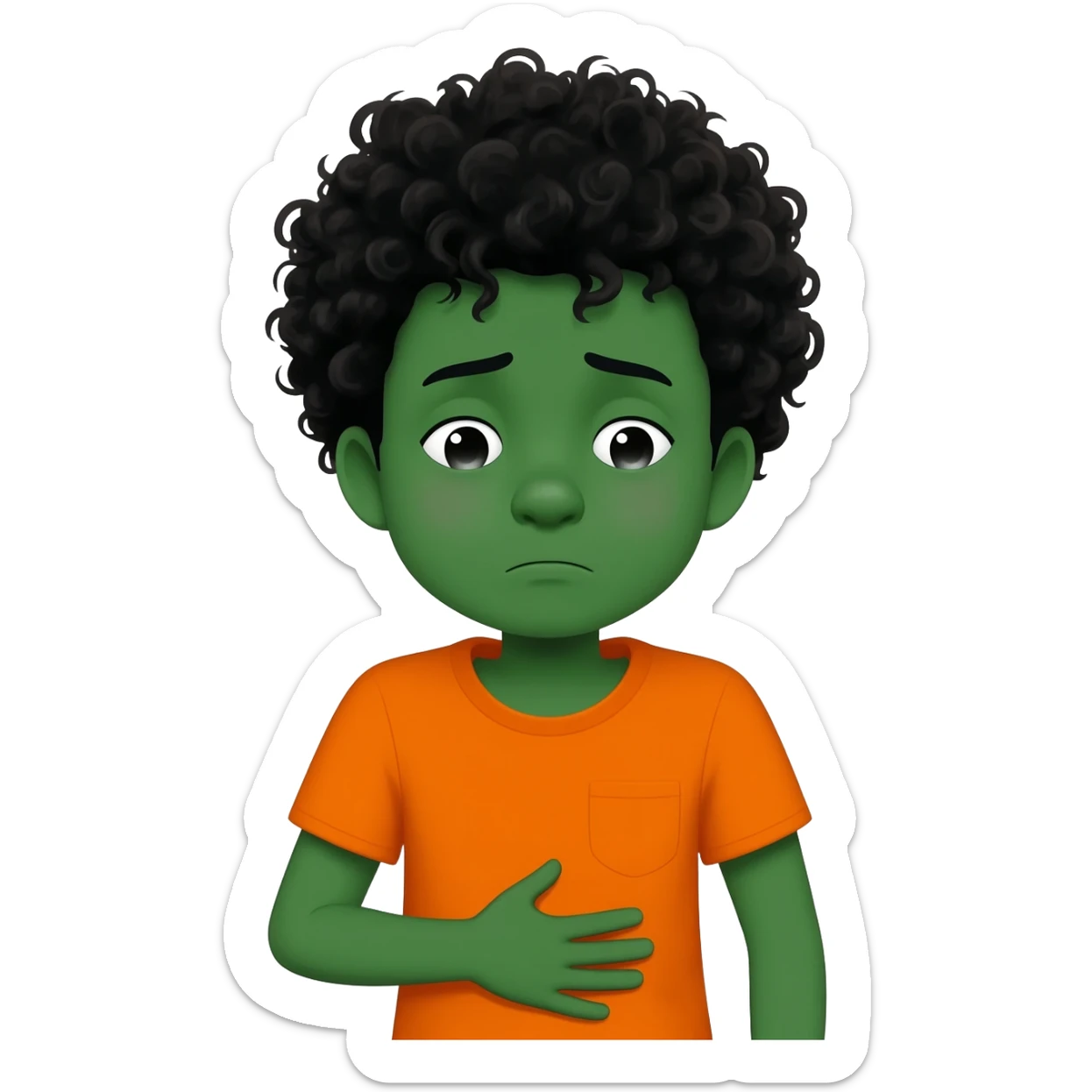 black boy curly hair orange shirt feel sick hand on stomach green face sticker