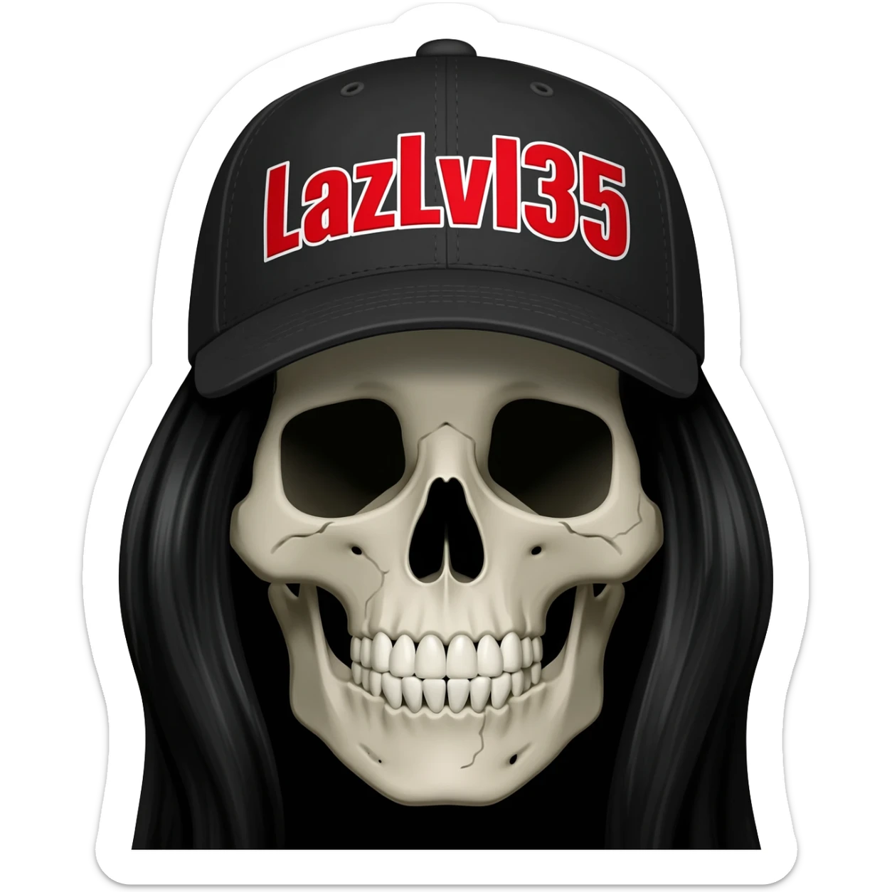 A skullhead thats wearing a black baseball cap with the words "LazLvl35" in red and white with long black hair sticker