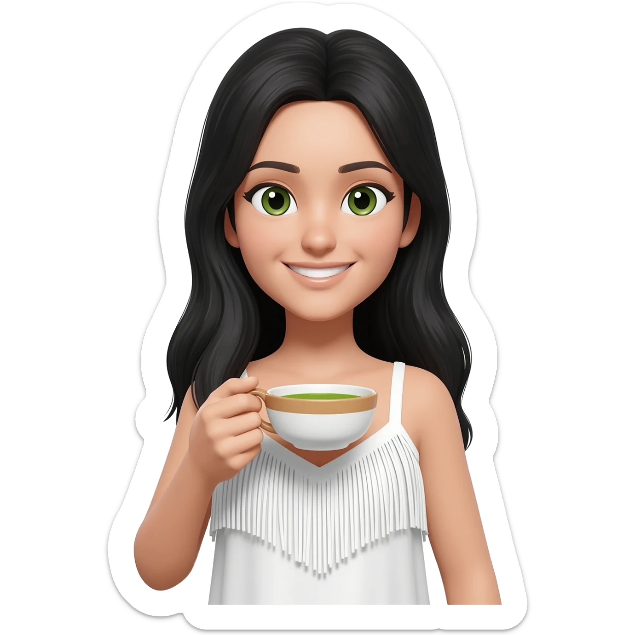 beautiful woman curtain fringe 30 years white skin drink matcha black long hair green and brown eyes white dress and smile sticker
