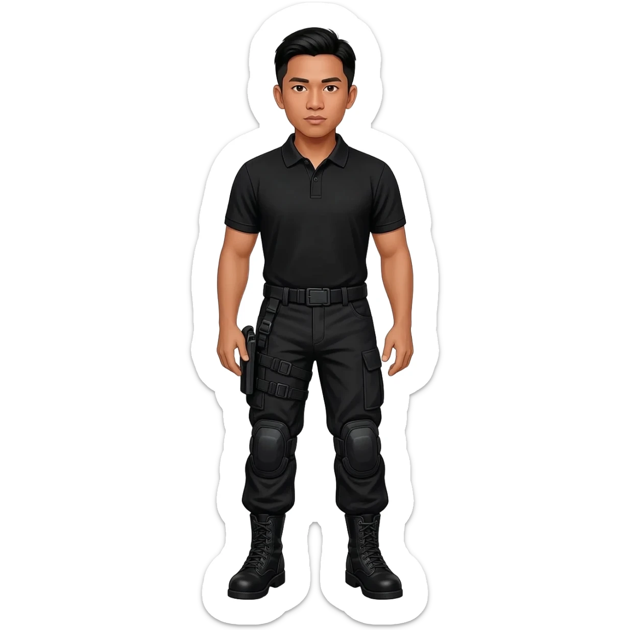 Filipino man black polo shirt and black fatigue combat pants with holster belt and black combat boots sticker