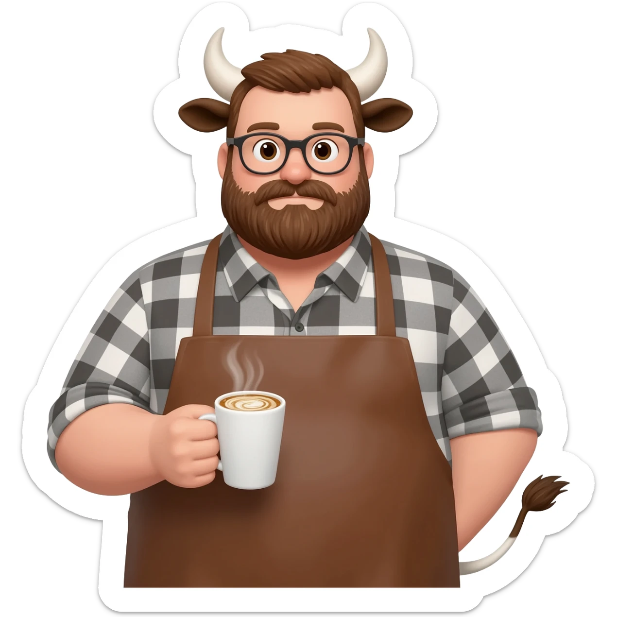 big buff man in a checkered shirt with beard in glasses with extra large fat tits with cow ears and cow tail dressed like barista in brown apron with latte in his hand sticker