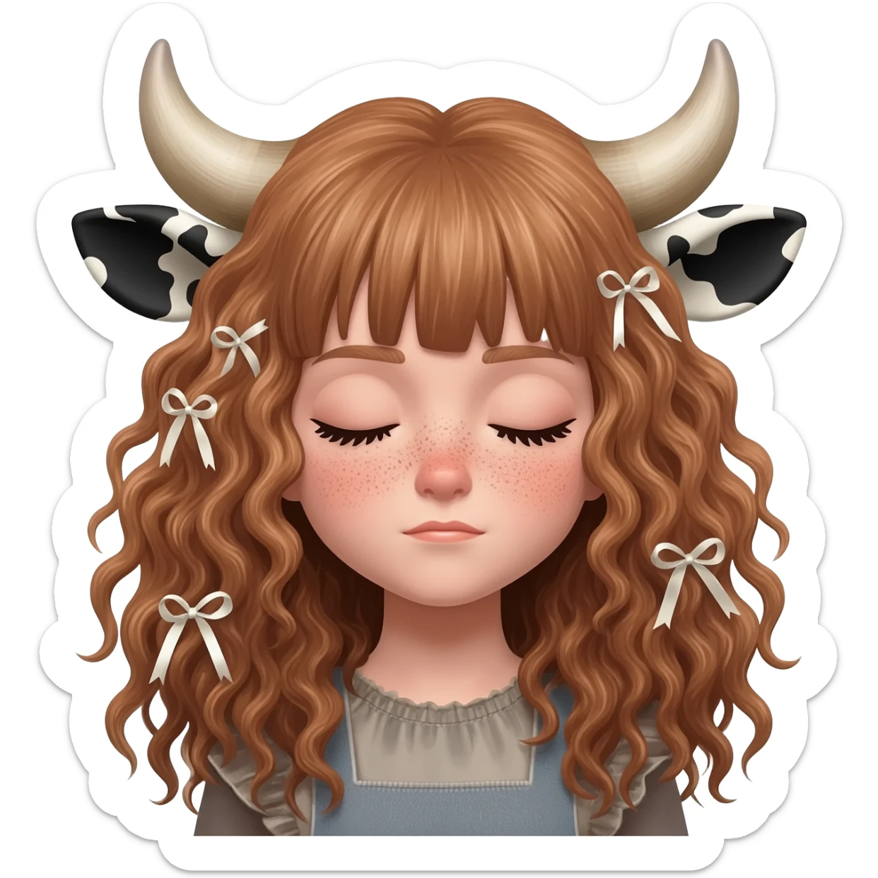 curly girl with freckles with messy light brown bangs covering the eyes with cow horns and cow ears with ribbon in her hair sticker