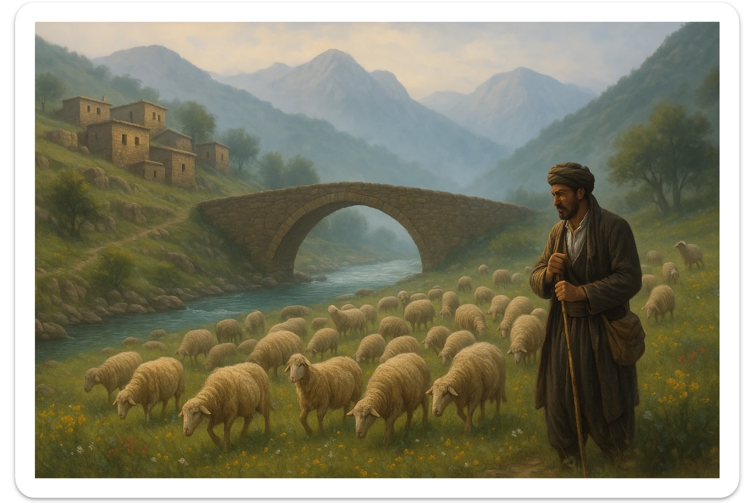 کوردی rural village scene, Kurdish shepherd with flock of sheep, old stone bridge, river, wildflowers, mountainous landscape, early morning mist sticker