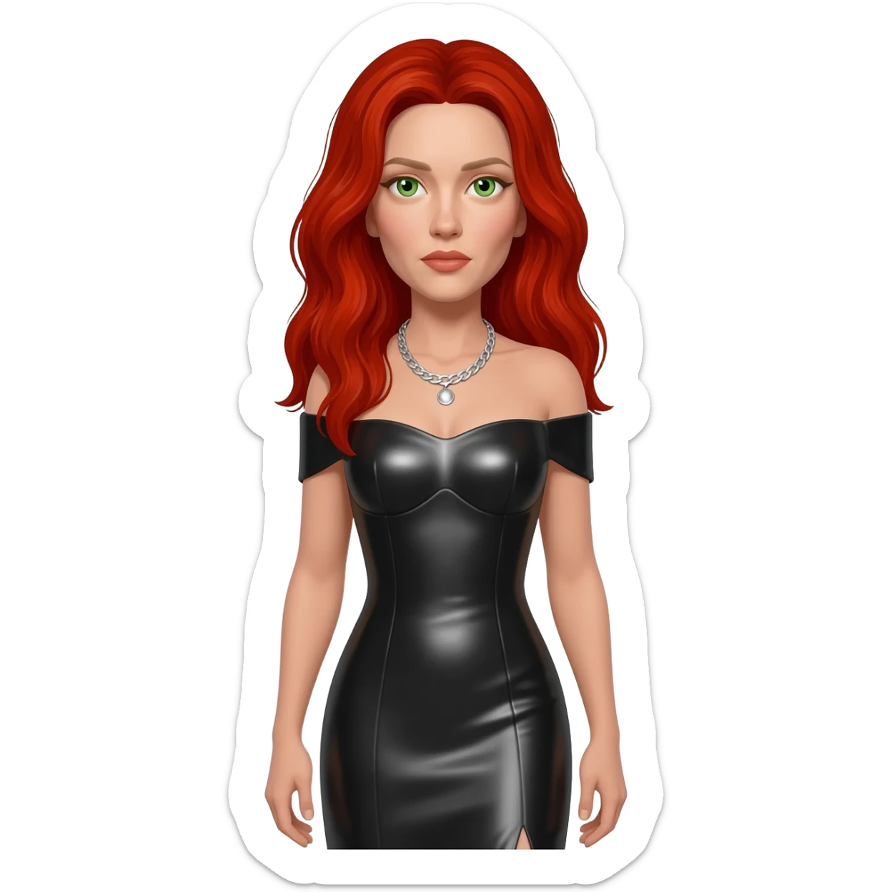 Scarlett Johansson with green eyes, long red hair, black metallic off shoulder long dress, silver necklace sticker