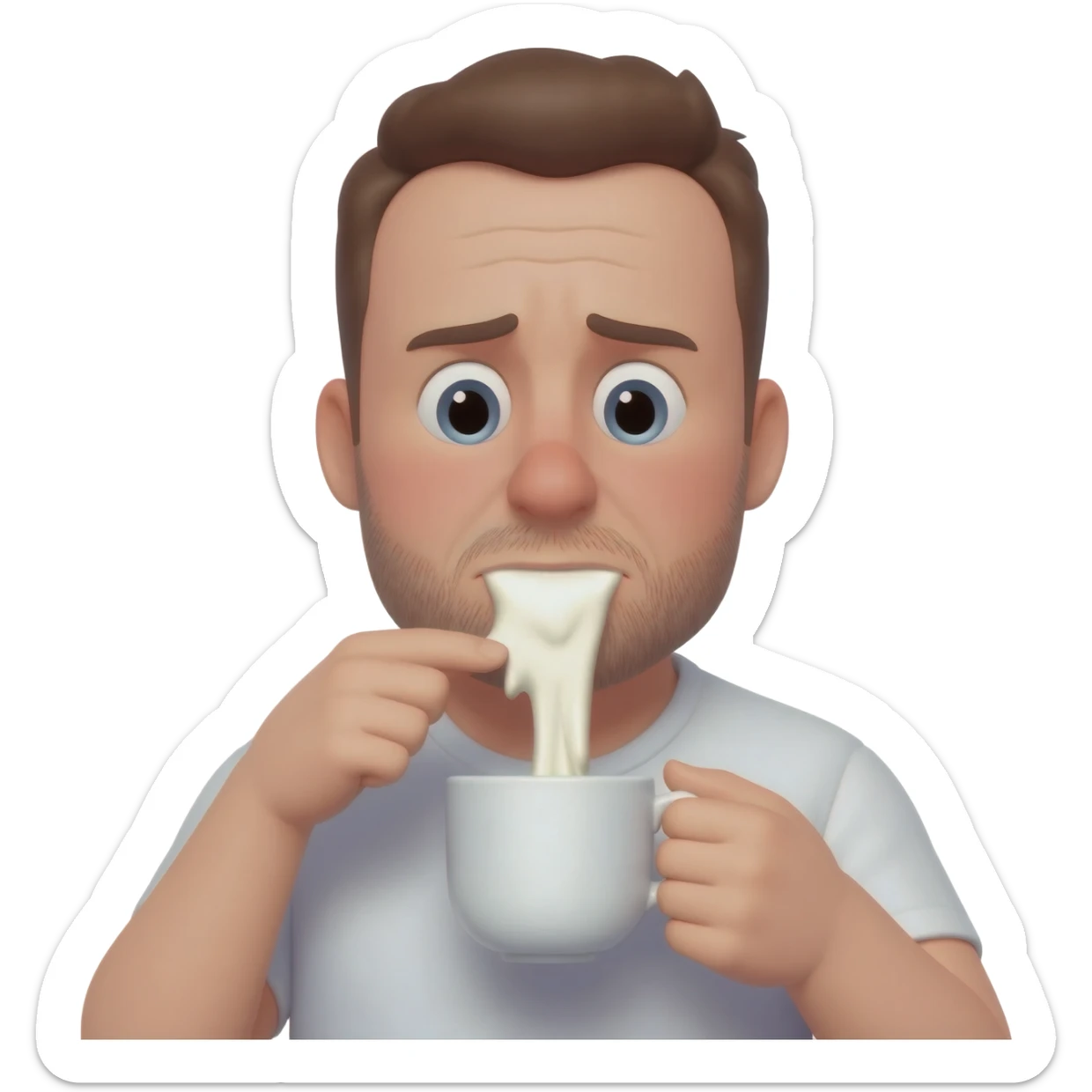 A guy licking goopy milk from a cup who is super embarrassed sticker