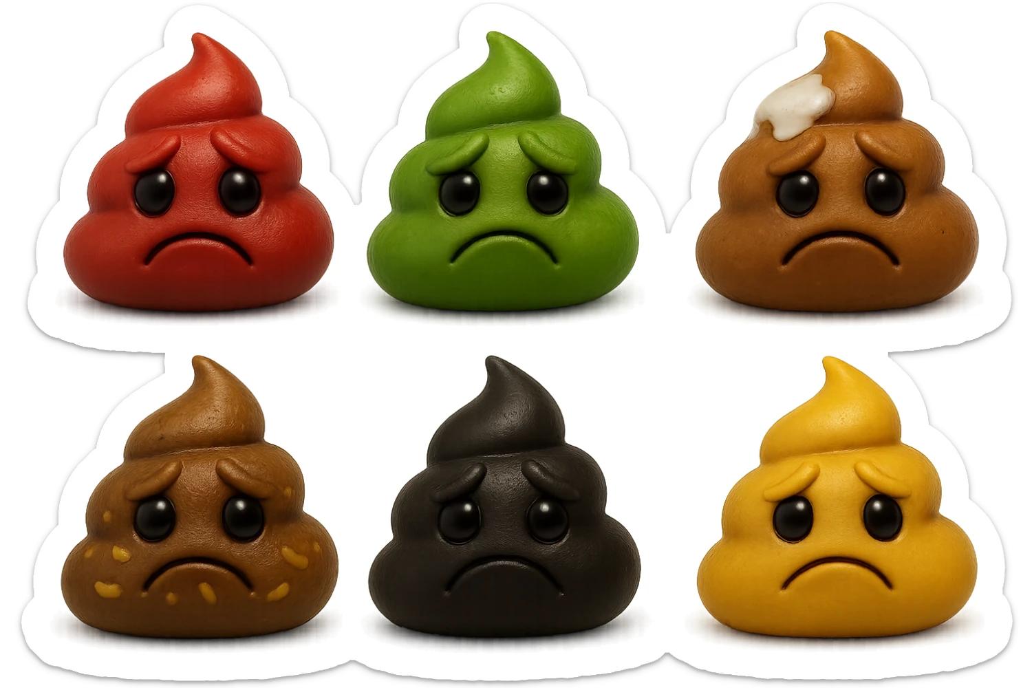 emoji stile iphone 3d di una cacca di colore rosso, una cacca di colore verde, una cacca di colore marrone con muco bianco visibile sopra,  una cacca di colore marrone con penne di pasta a pezzetti visibili all'interno di essa,  una cacca di colore nero e una cacca di colore giallo, tutte le cacche hanno un espressione triste, iperrealistiche 4k sticker