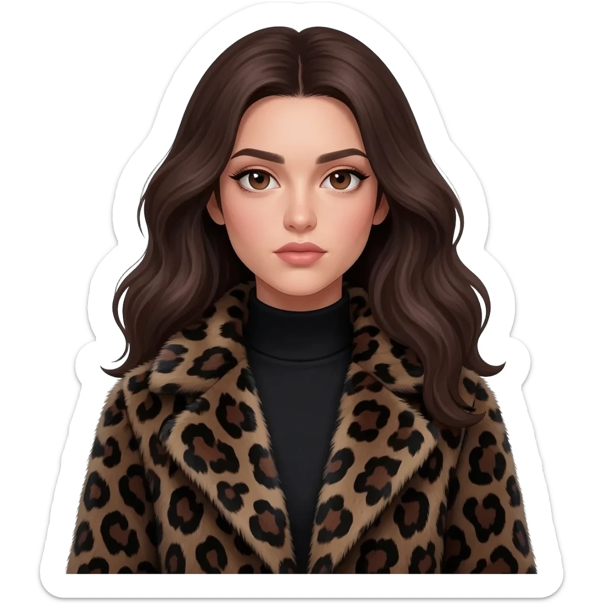 kitten grey colour inarms A stylish young woman with long, wavy dark brown hair and defined, expressive eyebrows. She has deep brown eyes with a calm, aesthetic gaze. She is wearing a chic, oversized dark leopard-print faux fur coat.modern, high-fashion, and slightly mysterious vibe.8k resolution. sticker