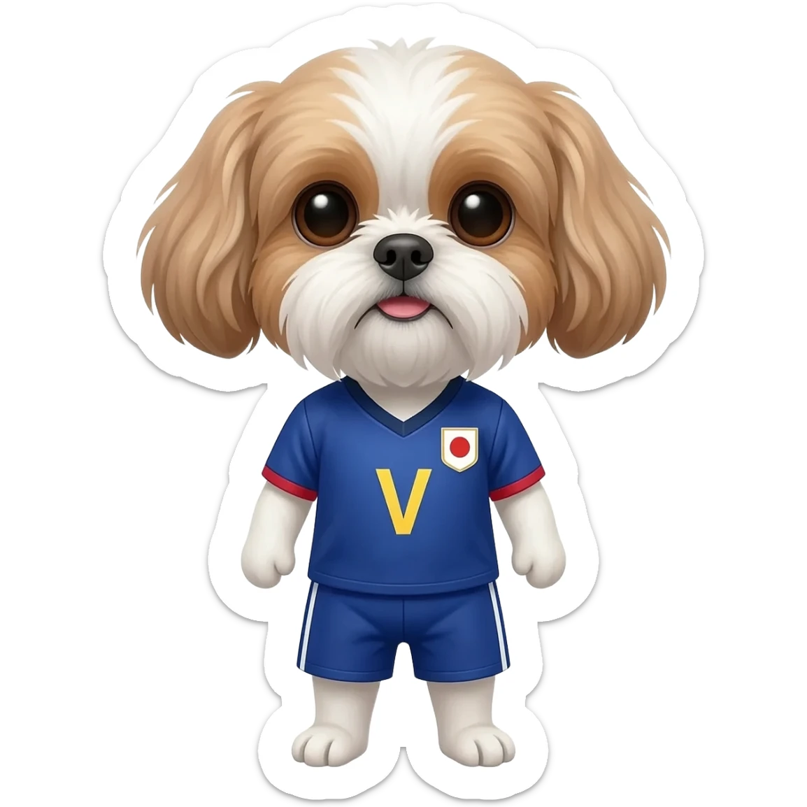 white and light brown shih zhu wearing a Japan soccer jersey v neck 2026 work cup sticker