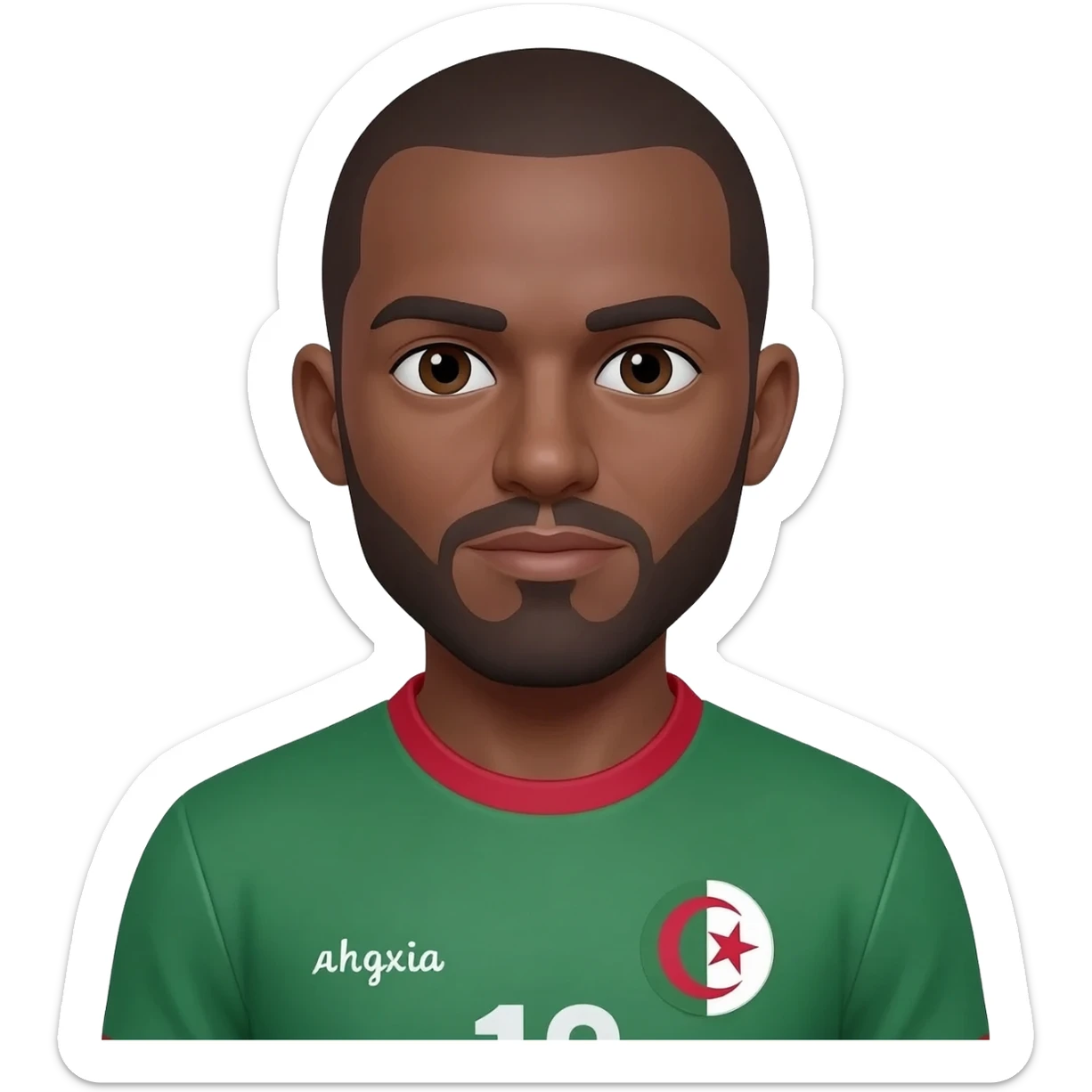 homme métisse algérien français 38 ans brun cheveux courts petite calvitie et barbe avec maillot foot Algérie sticker