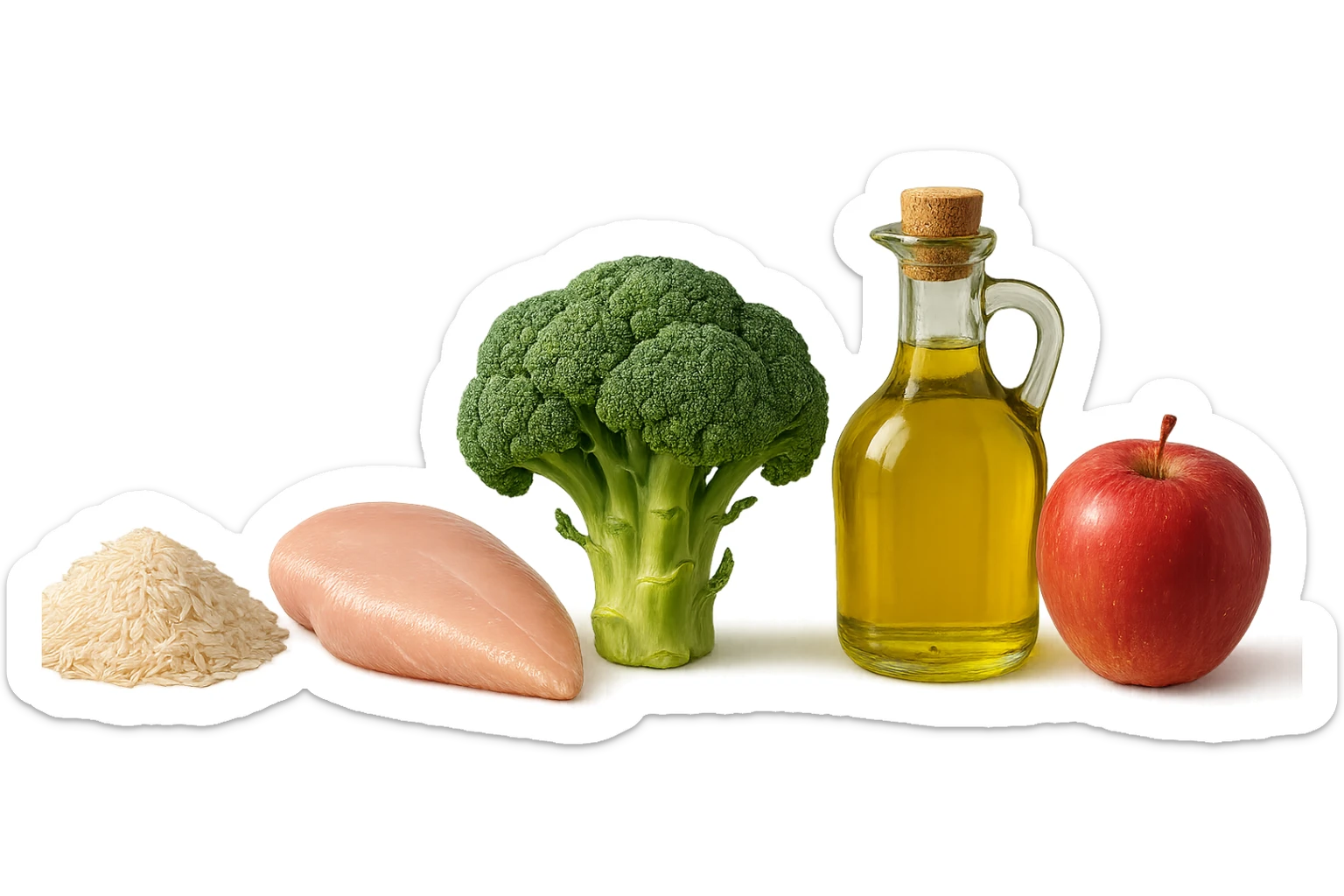 Riso basmati
Petto di pollo
Verdura fibrosa verde
Olio EVO
Mela
vista frontale, iperrealistico 4k sticker