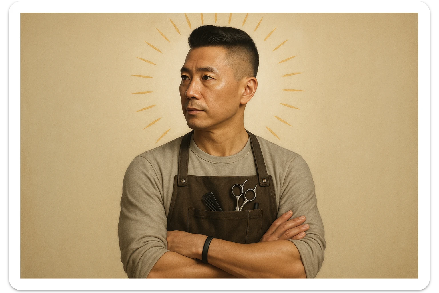 shu pozada turgan faqat o'ng tarafga qarab turgan sartarosh ustani tasvirlab ber realistik uslubda yoshi kattaroq soqol shart emas va osiyolik erkak  sticker