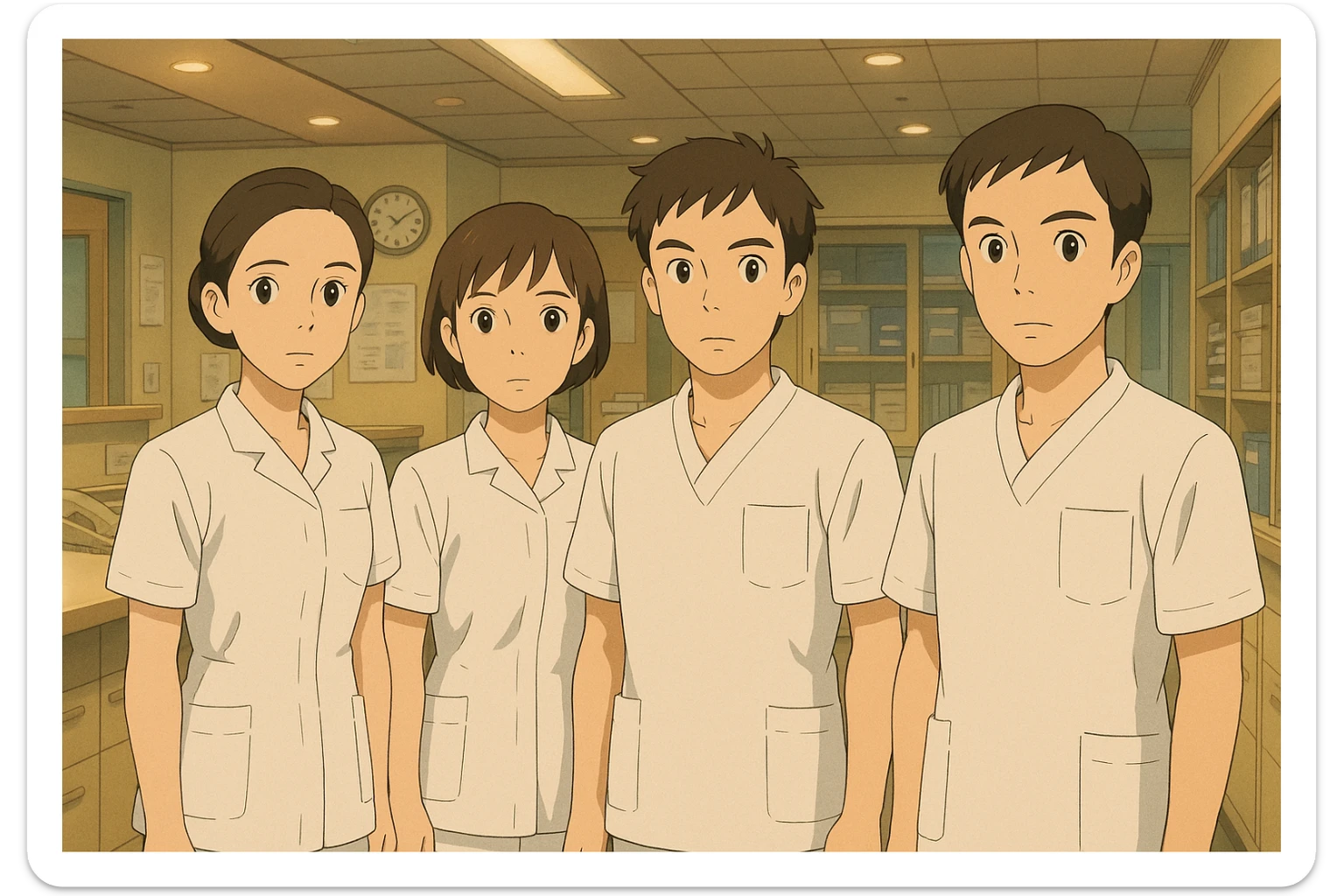 Group of four nursing students based on new photos, in a care station, Ghibli style, white short-sleeve medical uniforms with V-neck and left chest pocket, no stethoscopes, no clothing under sleeves, professional ambiance. sticker