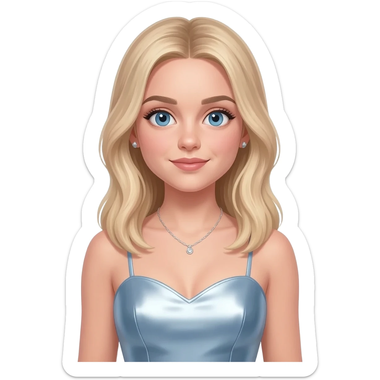 Sabrina Carpenter with blue eyes, long light blonde hair, light steel blue metallic sweetheart dress, silver necklace and short earrings sticker