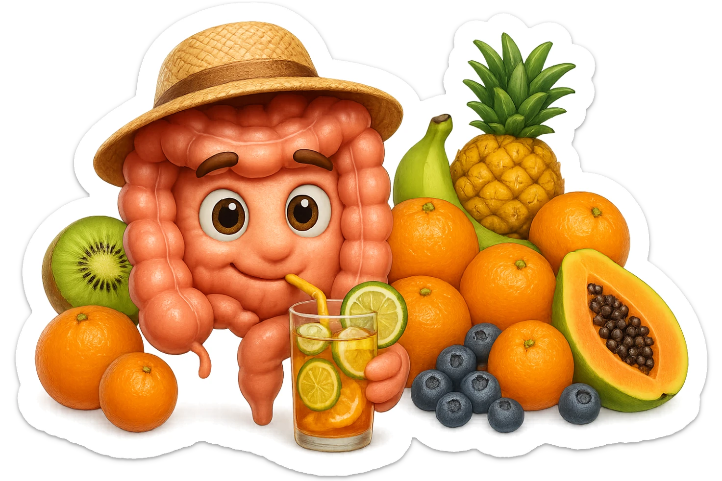 EMOJI STILE IPHONE DI INTESTINO UMANO REALISTICO CON CAPPELLO DI PAGLIA DA SPIAGGIA CHE BEVE UN Tè FREDDO IN BICCHIERE DI VETRO CON DENTRO  fette di cetriolo, limone, lime, DIETRO L'INTESTINO C'è UNA MONTAGNA DI PEZZI DI FRUTTA: Kiwi
Banana acerba
Arance e mandarini
Mirtilli
Ananas
Papaya
IPERREALISTICO 4K sticker