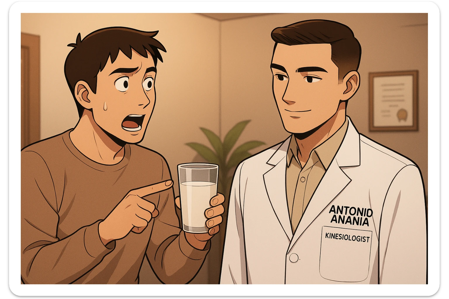 fai un webtoon manga a colori con questo stile, in cui un uomo chiede al kinesiologo con il camice bianco (fagli anche la scritta "ANTONIO ANANIA" SUL CAMICE, una domanda e il kinesiologo gli risponde, L'UOMO INDICA IL BICCHIERE DI LATTE CHE HA IN MANO ED è MOLTO ALLARMATO NEL FARE LA DOMANDA. non fare i fumetti però, fai solo in modo che sembri stiano parlando sticker