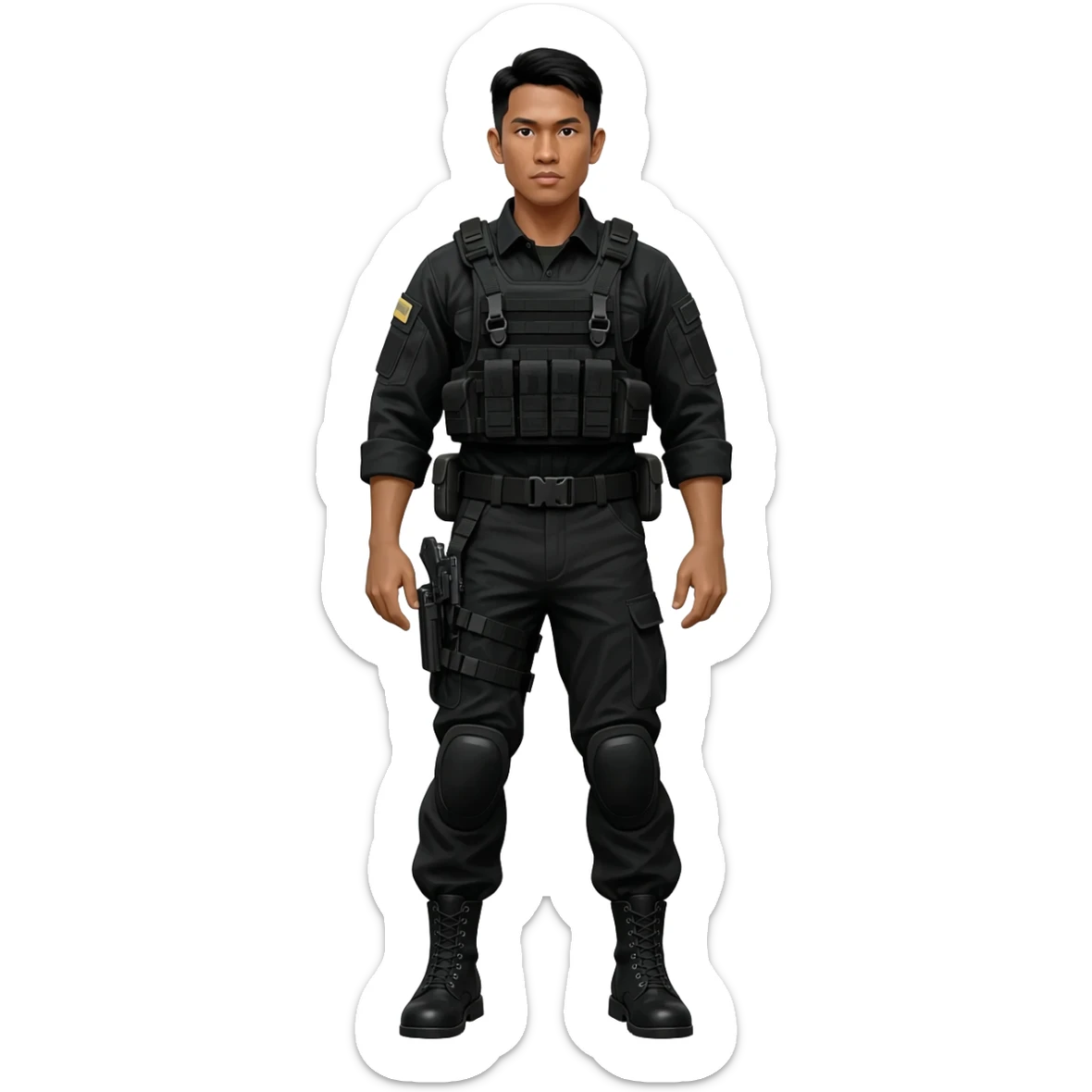 Filipino man STF SPECIAL TACTICS FORCE OUTFIT BLACK FATIGUE AND COMBAT BOOTS PLATE CARRIER AND HOLSTER sticker