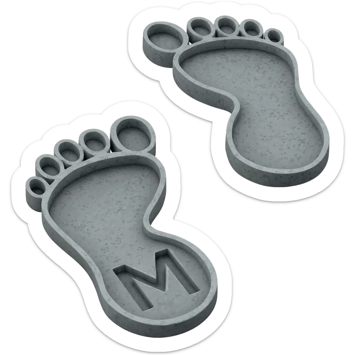 Minimalist 3D emoji: two stylized, bare footprints impressed deeply into soft, wet concrete. Textured surface. Engraved inside the heel of the leading footprint is a small, sharp chrome geometric 'M'. Isometric view, isolated on white --no background sticker