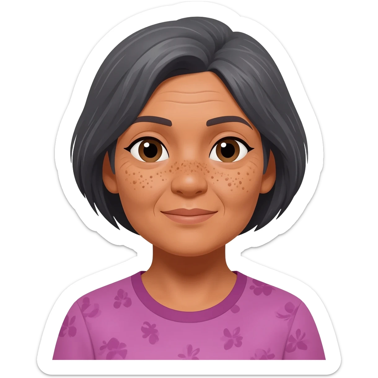grandma, short short hair, tan, dark grey hair, filipina, freckles all over face sticker