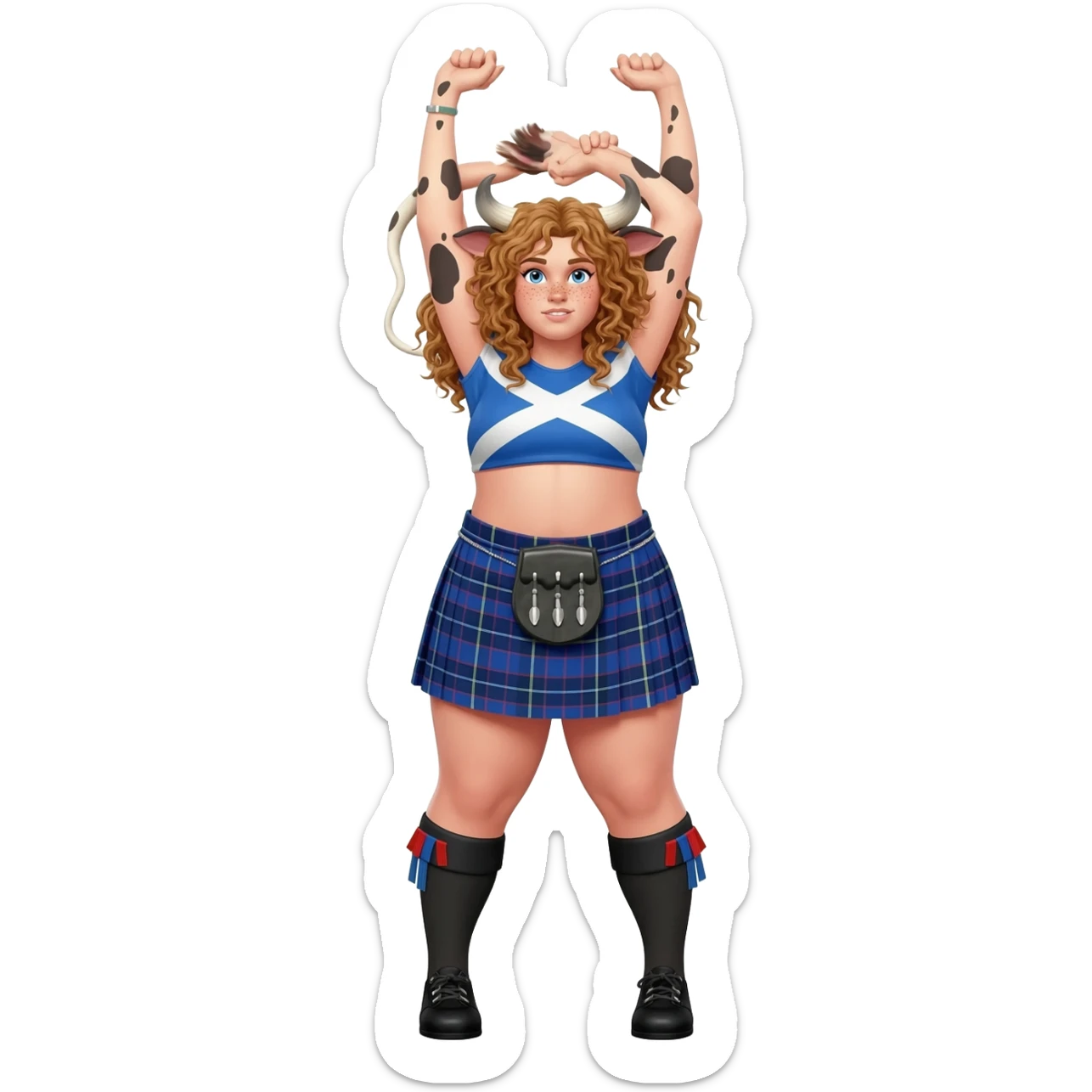 big buff curly woman with blue eyes with frecles with light brown messy hair with straight bangs with brown cow tail with fat thights with cow horns and cow brown ears with big butt in a short scottish kilt with extra large breasts dressed in crop top with scottish flag stretches her armsup sticker