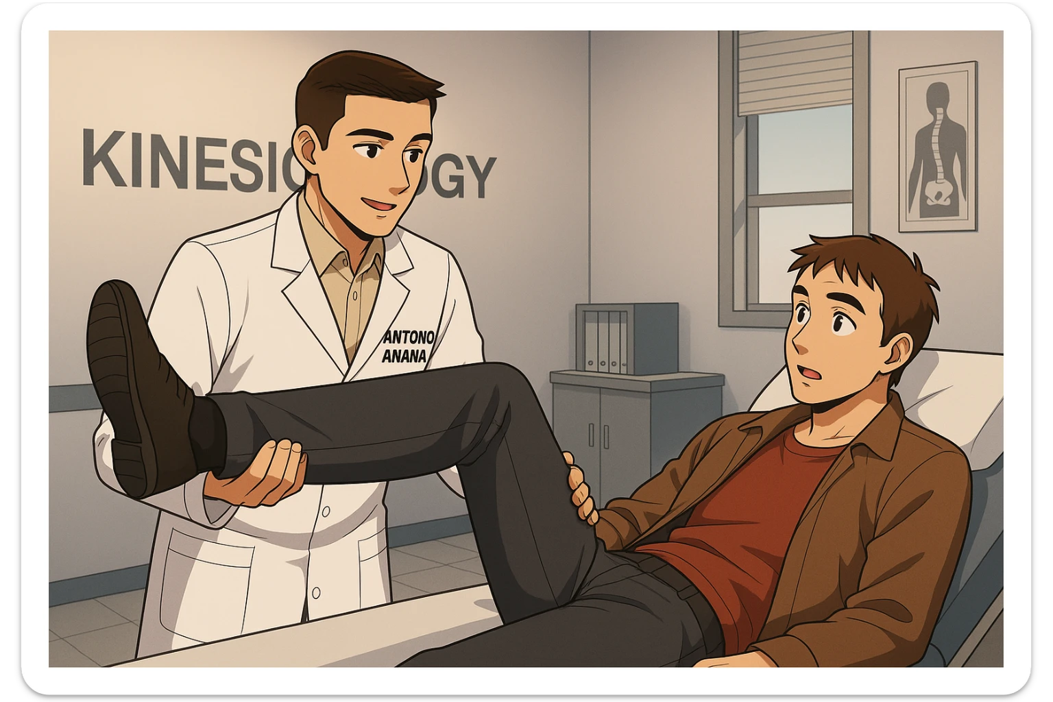 fai un webtoon manga a colori con questo stile, in cui un uomo è steso sul lettino medico e il kinesiologo con il camice bianco (fagli anche la scritta "ANTONIO ANANIA" SUL CAMICE, gli solleva una gamba per fargli il test neuromuscolare, IL KINESIOLOGO SPIEGA ALL'UOMO UNA cosa mentre gli alza la gamba. non fare i fumetti però, fai solo in modo che sembri stiano parlando sticker