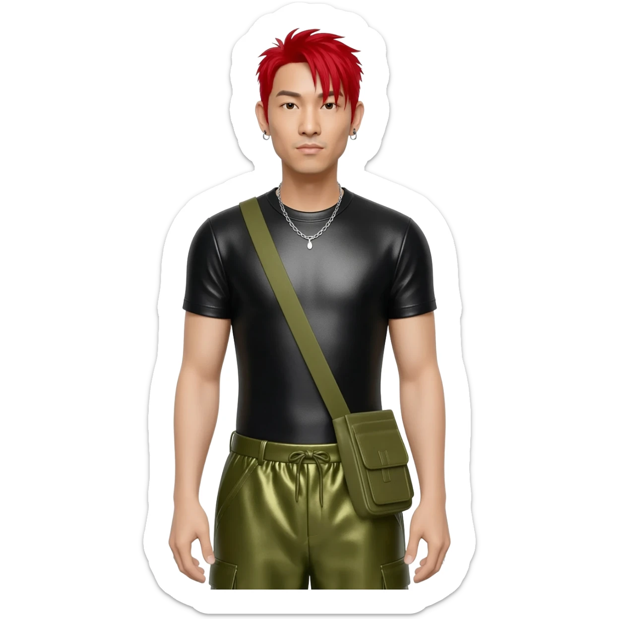 Mike Shinoda with red hair, black metallic T-shirt, olive metallic baggy pants, silver necklace sticker