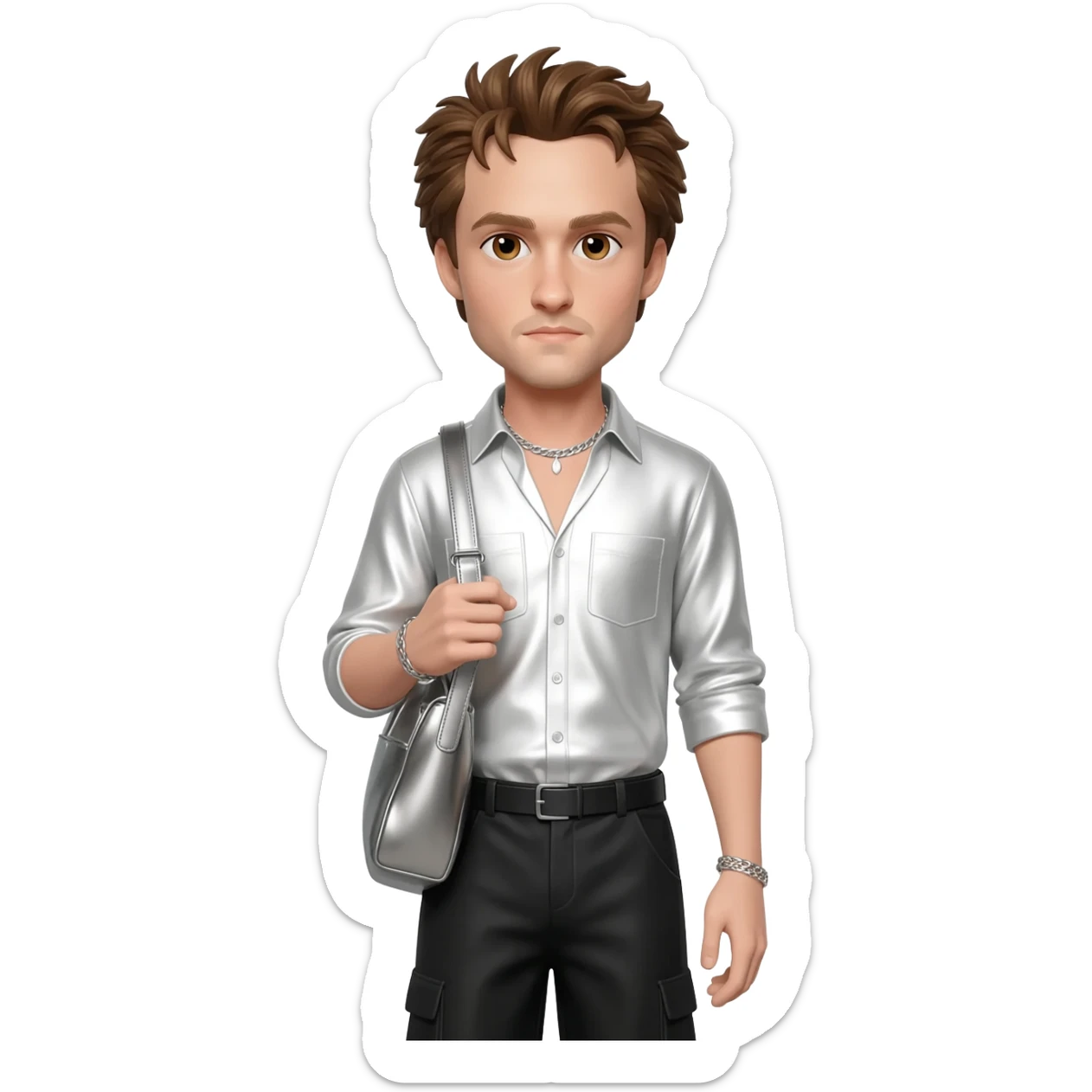 Robert Pattinson with hazel eyes, brown hair, white metallic shirt, black metallic baggy pants, silver necklace sticker