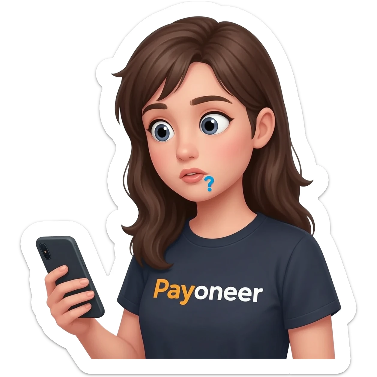 Girl looking at her phone with wondering face and a question mark wearing dark tshirt with payoneer written on it not a logo, just a word in the same font as on logo sticker