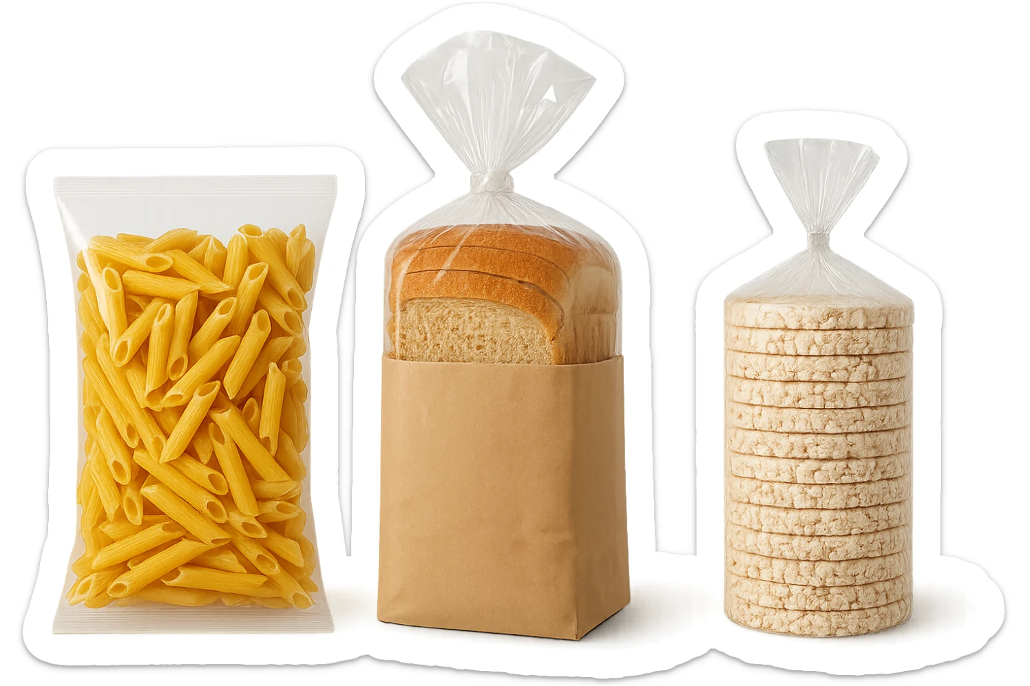 pacco di pasta realistico, pacco di pane, pacco di gallette di riso, 4k sticker