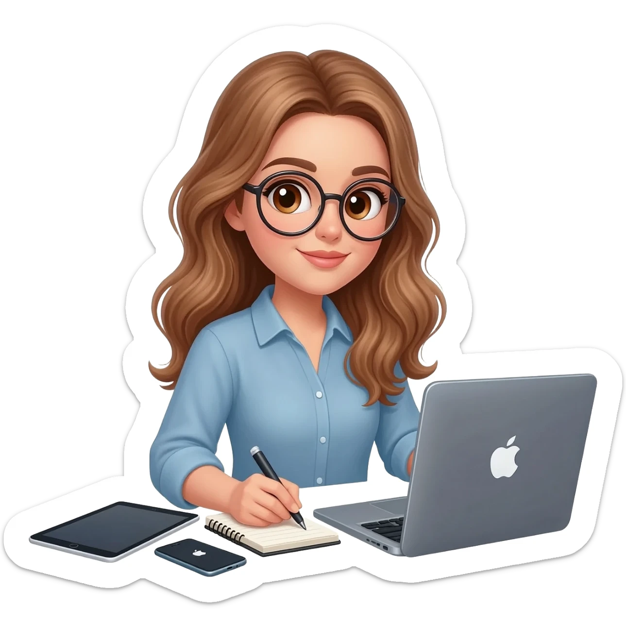 detailed emoji illustration of a woman with long light brown wavy hair and light brown eyes wearing round glasses, writing her book on a MacBook, with an iPad and an iPhone next to her, focused writing atmosphere, emoji style sticker