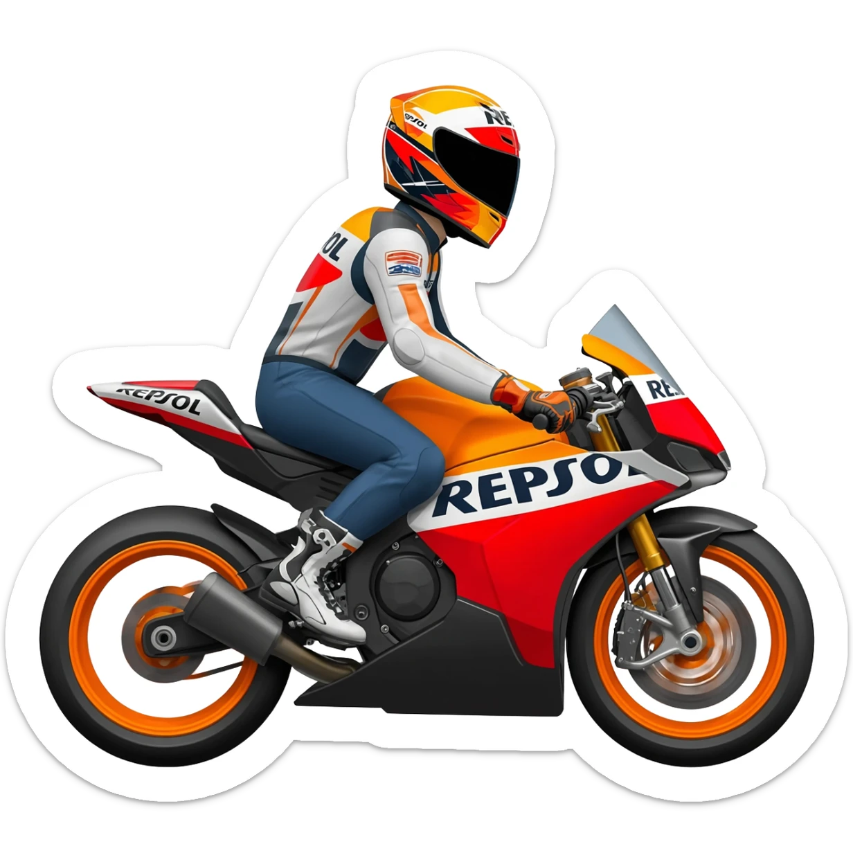 Give me a man ride with repsol helmet and repsol motorcycle sticker