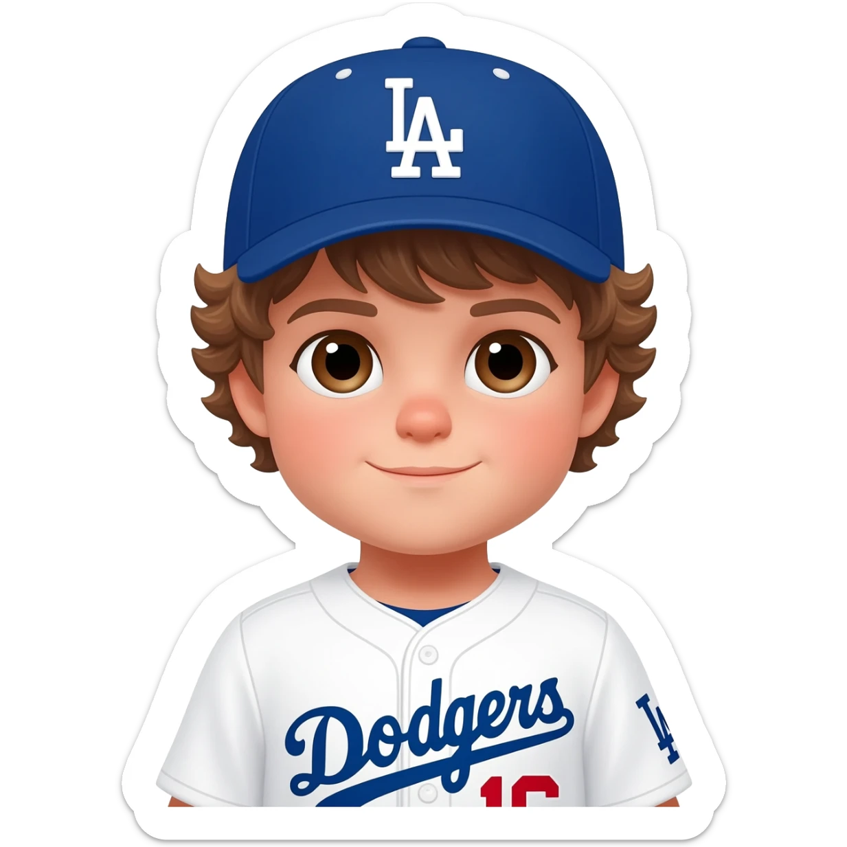 toddler boy in a white dodgers uniform with baseball cap with light brown wavy hair and brown eyes sticker