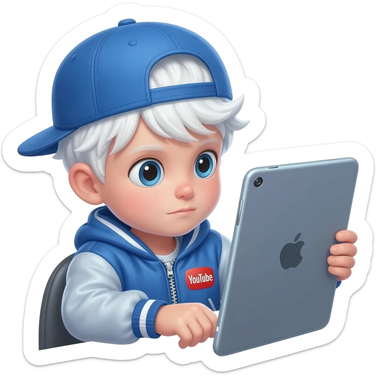 Skinny as fuck white child with a blue baseball hat and jacket watching YouTube for 24 hours straight On a big as fuck iPad sticker