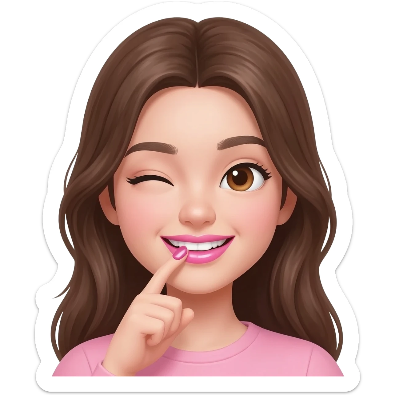Emoji 3D estilo iPhone de chica joven sonriendo mientras muerde su dedo índice, labios rosados brillantes, dientes blancos visibles, ojos entrecerrados felices, iluminación rosa suave estilo selfie, cabello castaño largo, estilo sticker moderno, fondo transparente, alta calidad. sticker