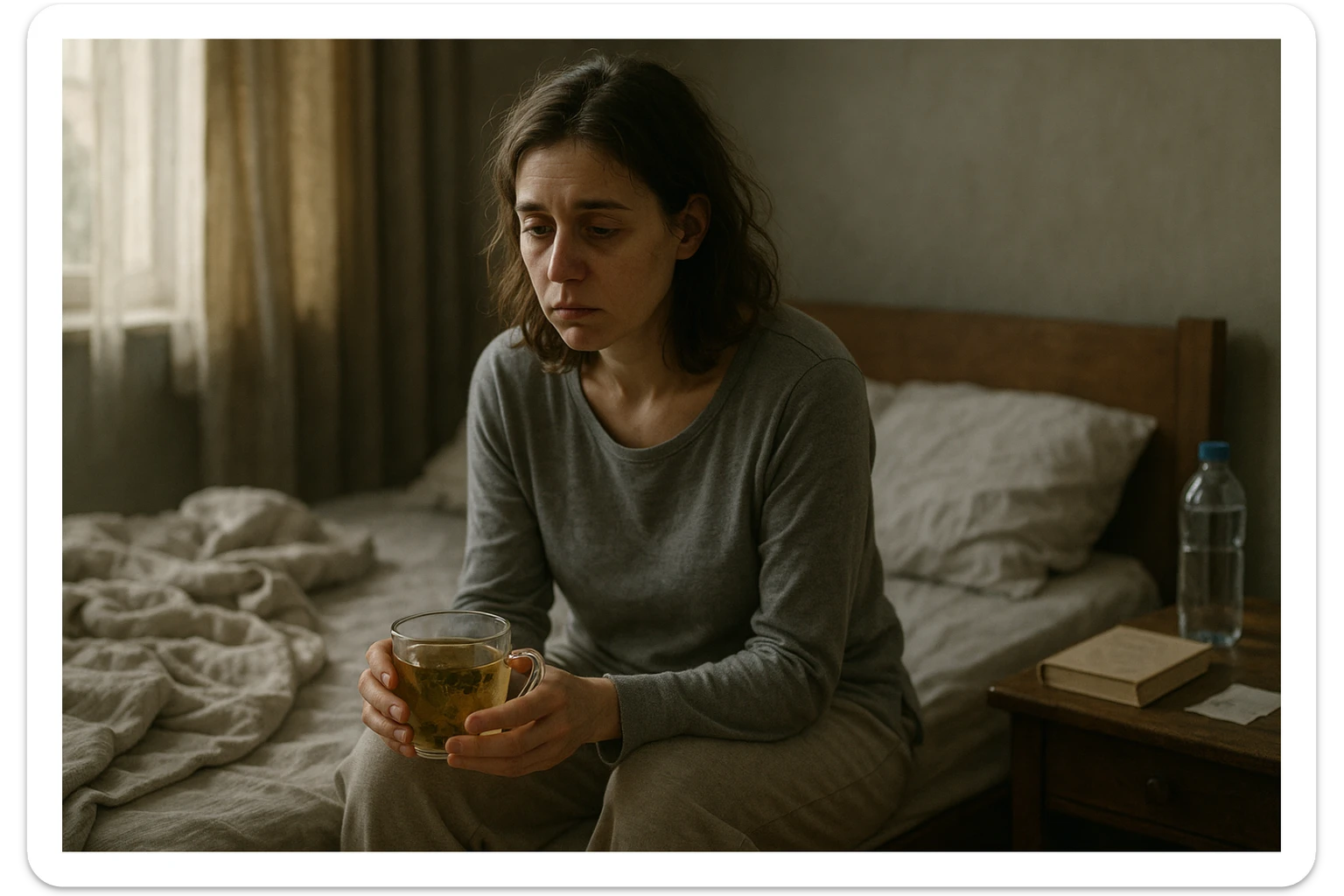 Realistic, cinematic illustration of a woman (early 30s), tired and pale, sitting on the edge of her bed in a softly lit morning bedroom. She looks exhausted, with slouched posture and dark circles under her eyes, wearing comfortable loungewear and holding a cup of herbal tea. The room is cozy and slightly messy, with a blanket, water bottle, and book on the nightstand. Soft natural light highlights her persistent tiredness, capturing the struggle of chronic fatigue syndrome gently and respectfully. sticker