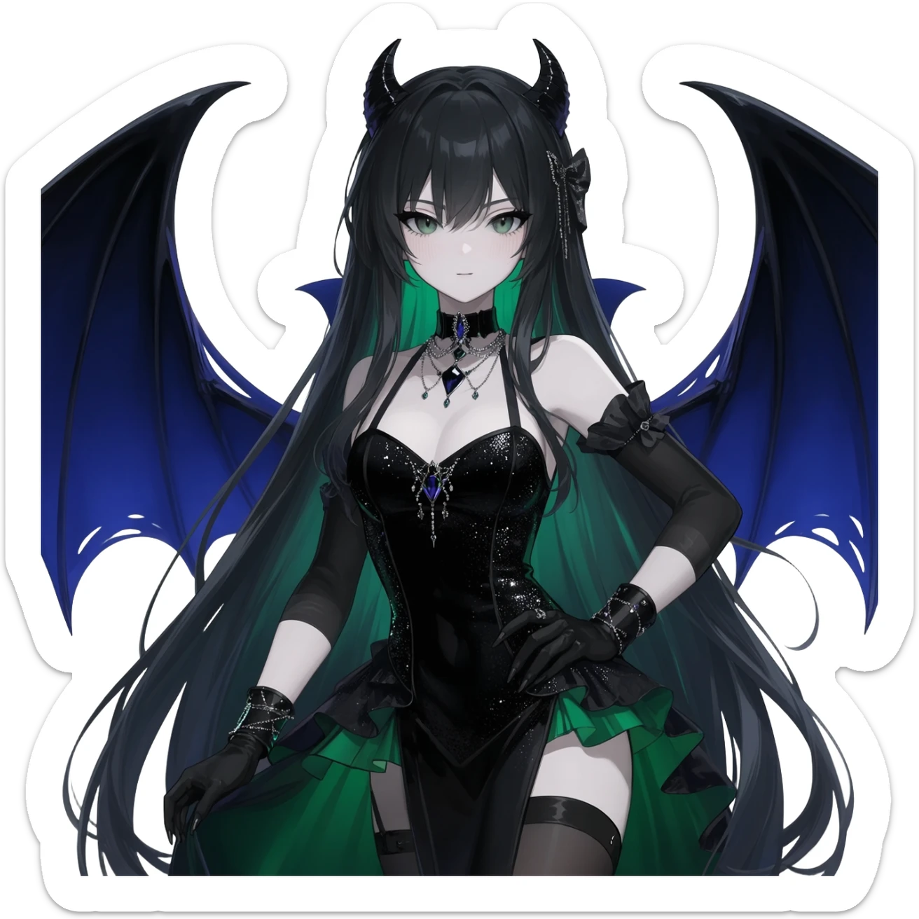Beautiful dark-deep-abyss-midnight-blue abyssal gloomy dark edgy pretty sparkly shimmering glammed up dolled up ethereal Gorgeous Vampiric Edgy Anime Lady With Black grey green  sticker