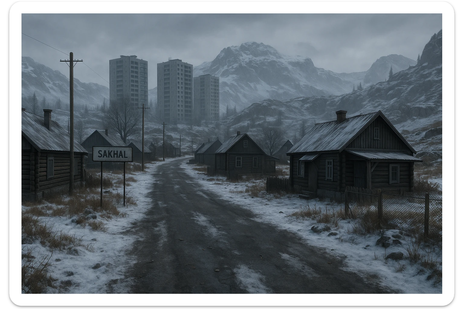 a view of the city street in a videogame: DayZ - in  Sakhal - snowy steppe tundra, rustic cabin houses, tall apartment blocks in the distance, mountainous and rocky terrain sticker