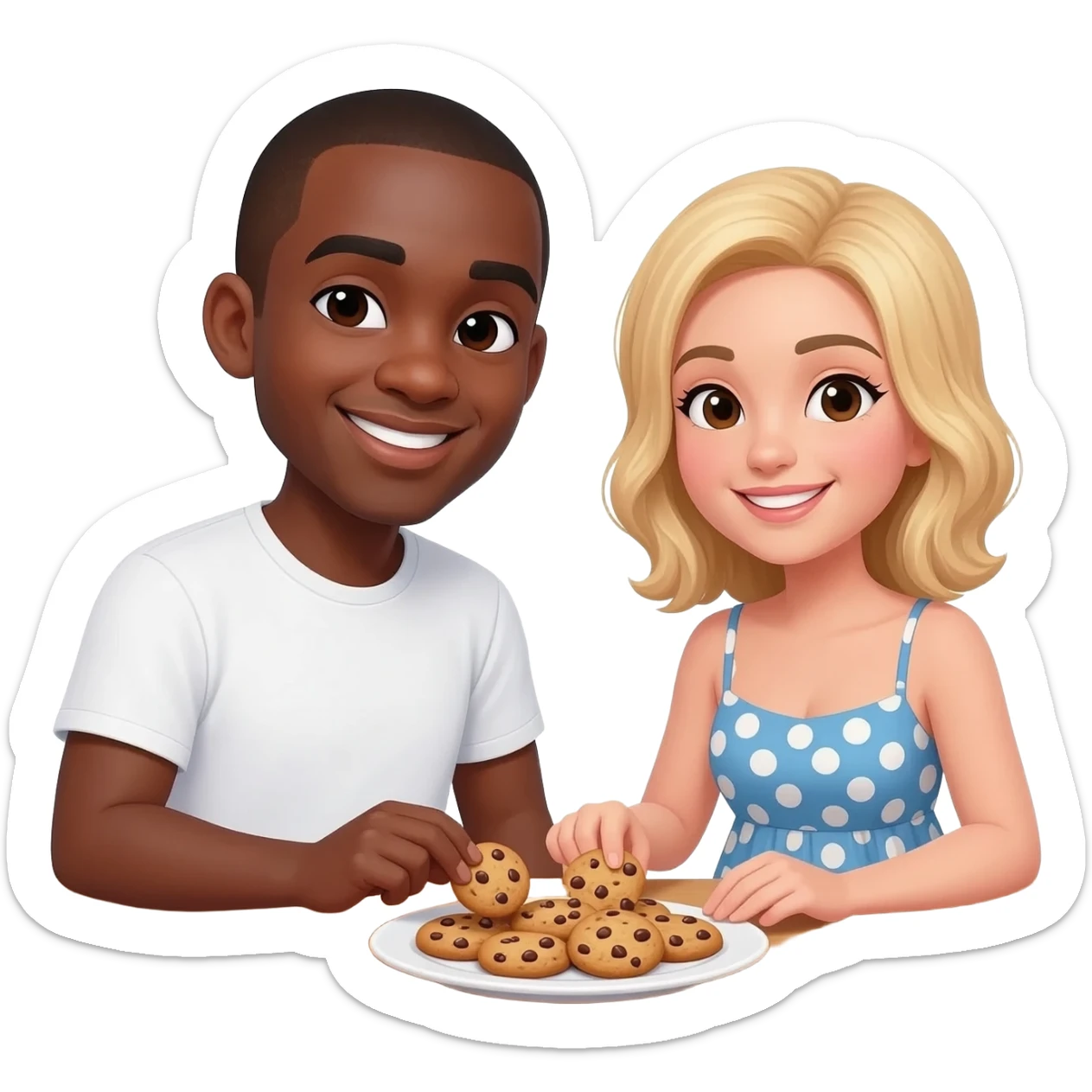 Black man with shaved head and blonde woman both eating cookies together sticker