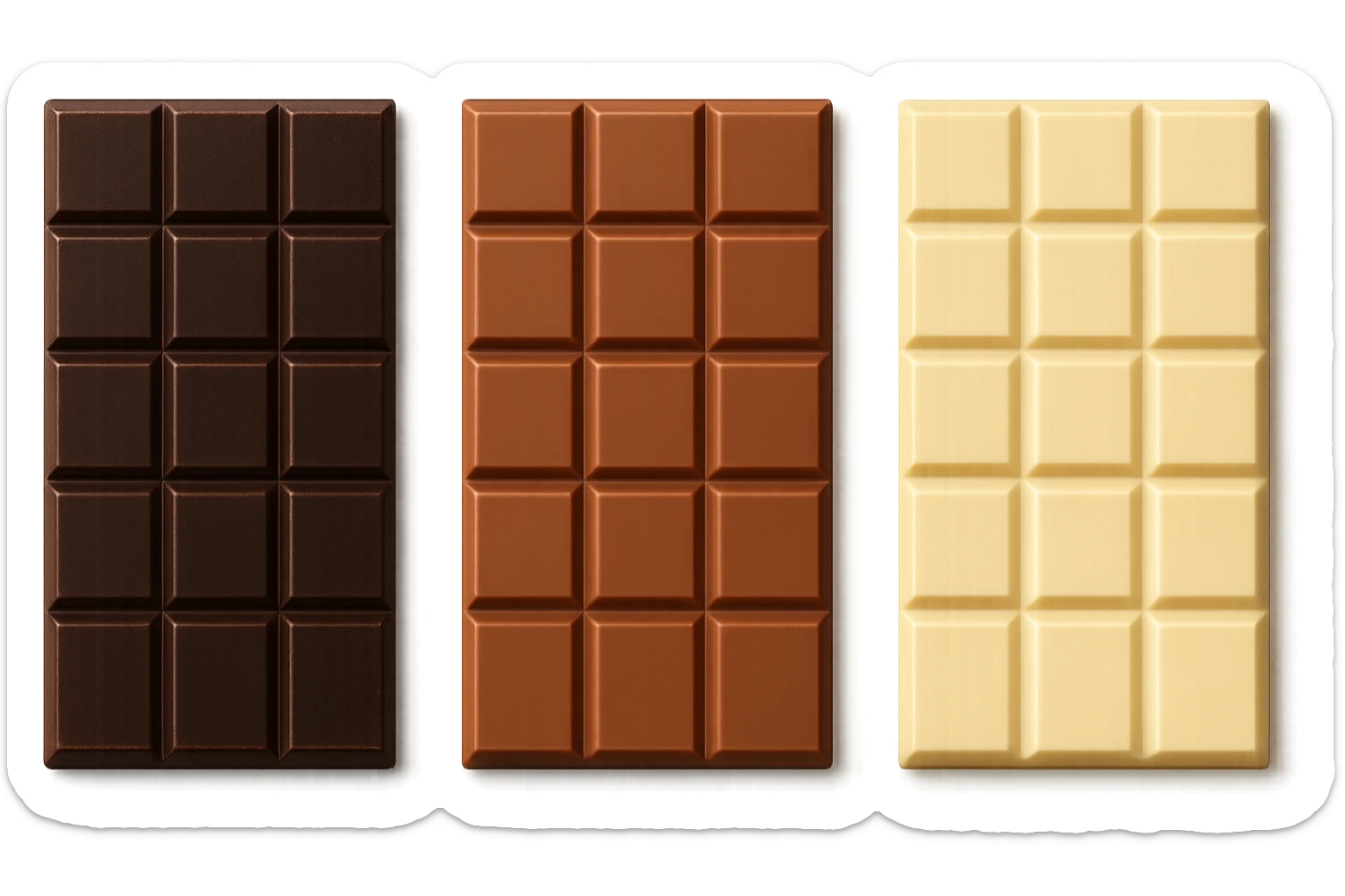 3 BARRETTE DI CIOCCOLATO, UNA FONDENTE, UNA AL LATTE E UNA BIANCA, VISTE DALL'ALTO, IPERREALISTICO 4K sticker