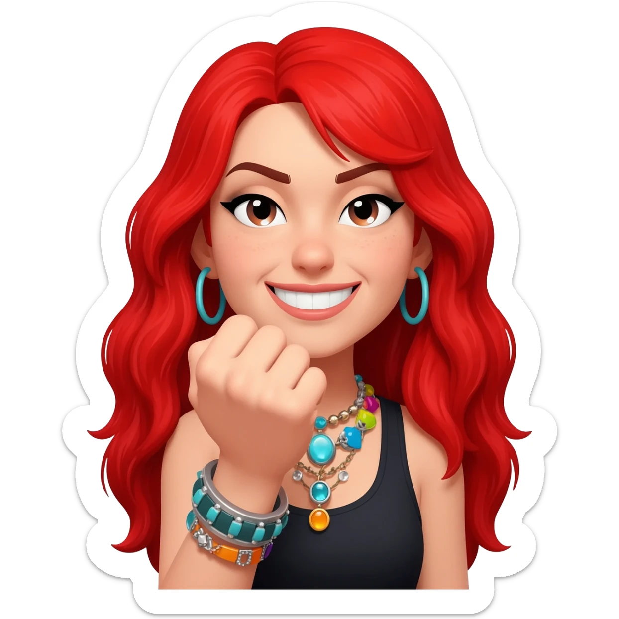 Not showing finger but fist on mouth and blowed mouth....she is red hair and tacky jewellery and cool....the hand is on her mouth and she is smirking and long hair sticker
