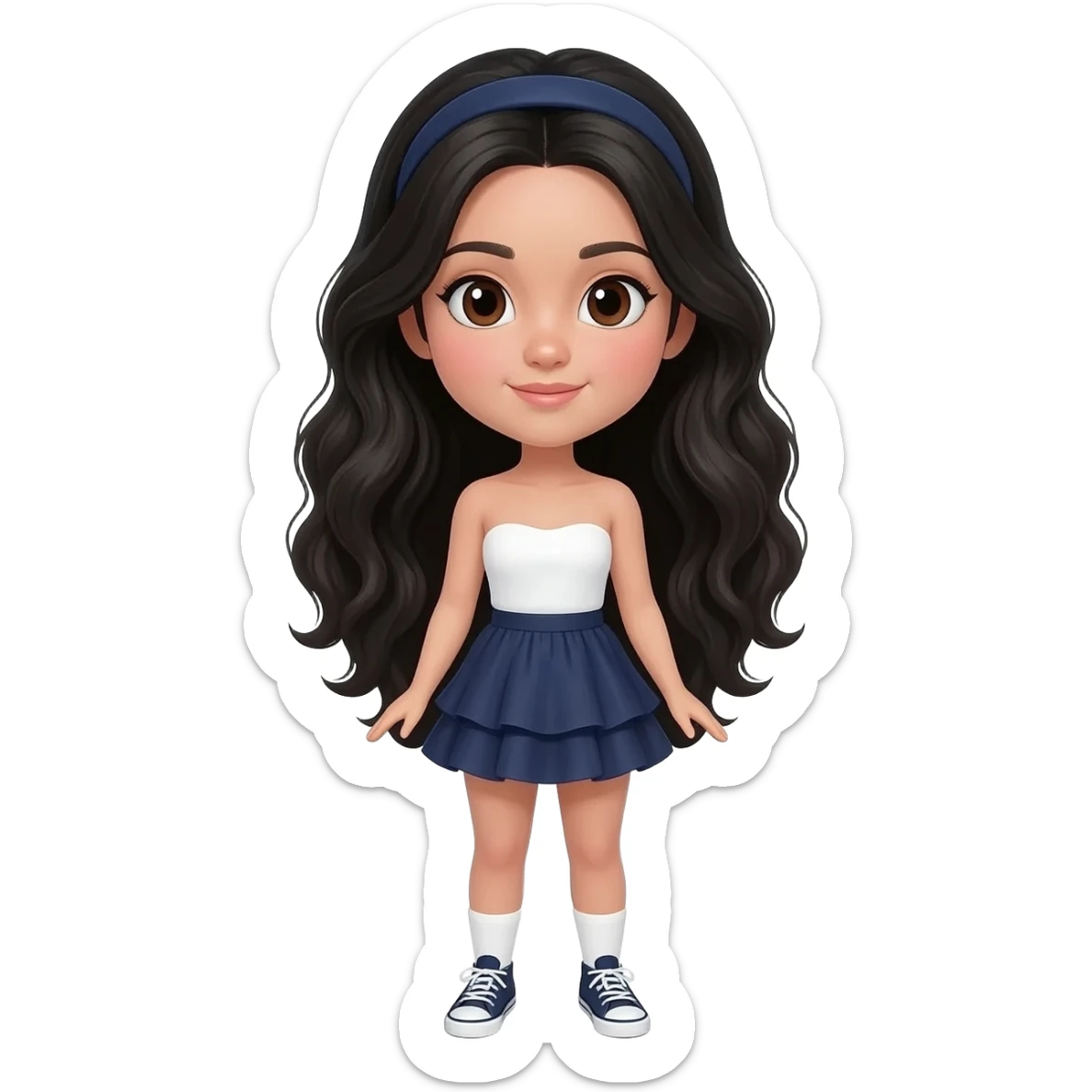 Tall girl emoji, long wavy black hair, fair skin, brown eyes. Wearing white strapless babydoll top, navy ruffle skirt, navy headband, and navy sneakers. 3D Apple style, white background. sticker