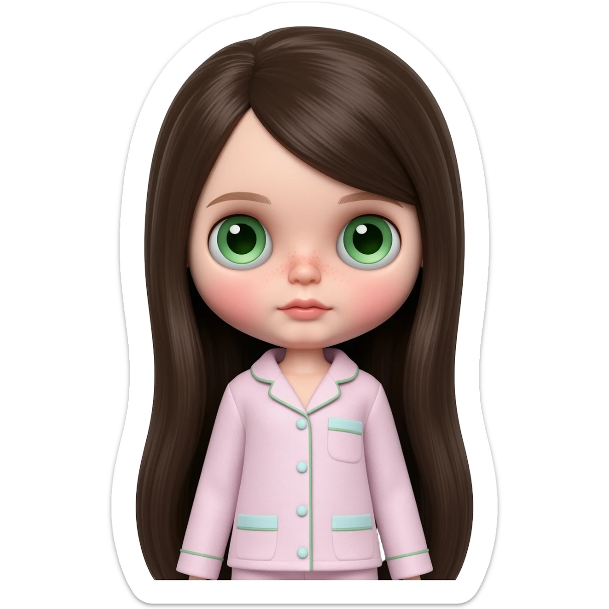 Make me an emoji that is wearing pajamas maker her a Blythe doll type emojiMake her hair longer Make her hair darker Make her hair a darker brown give her pale skin Maker more peach white pale Get rid of the rosiness in her cheeks and make her eyes green sticker