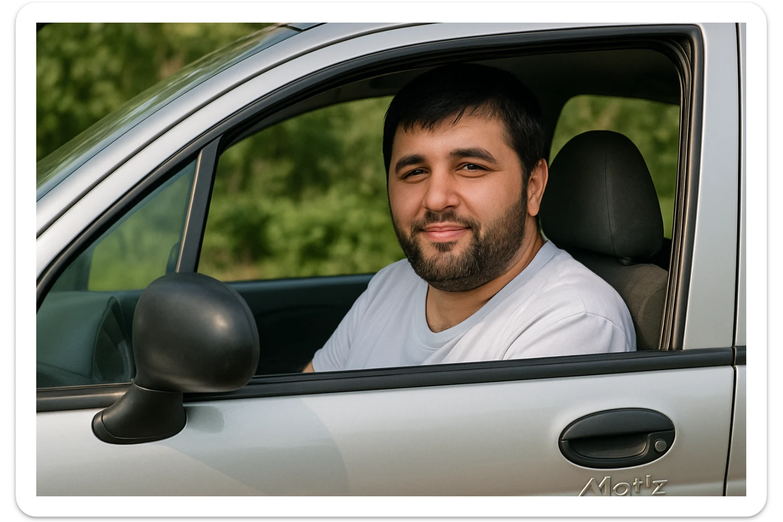 mana shu rasmdagi odam matiz mashinasining haydovchi o'rindig'ida o'tirib oynasidan kameraga qarab turgan holatini tasvirlab ber sticker