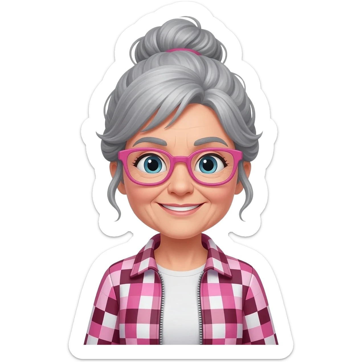 MUJER MEDIANA EDAD, PELO GRIS, MOÑO INFORMAL DESPEINADO, GAFAS ROSAS Y CON BABI DE MAESTRA CUADROS ROSAS/GRANATE/BLANCOS sticker