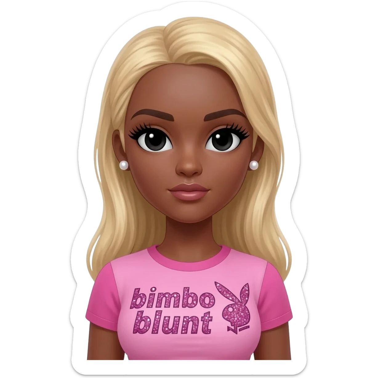 doll body , dark brown eyebrows, dark skin girl, pearl earrings stud, Long giant lashes, bimbo, black doll eyes, barbie, dark brown skin, with blonde hair, big breast, pink 2000s t shirt says on the sparkling text “bimbo blunt” on playboy logo sticker