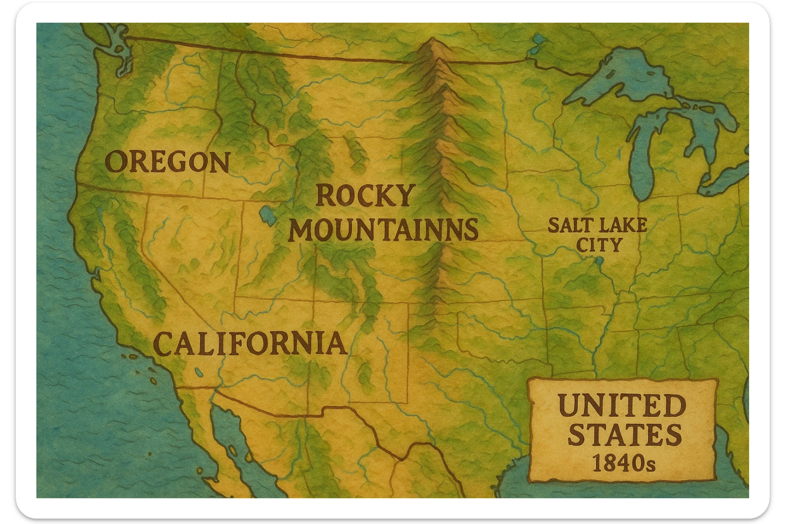 A topographical map of the USA in the 1840s which labels the rocky mountains, orgegon, california, Salt Lake City sticker
