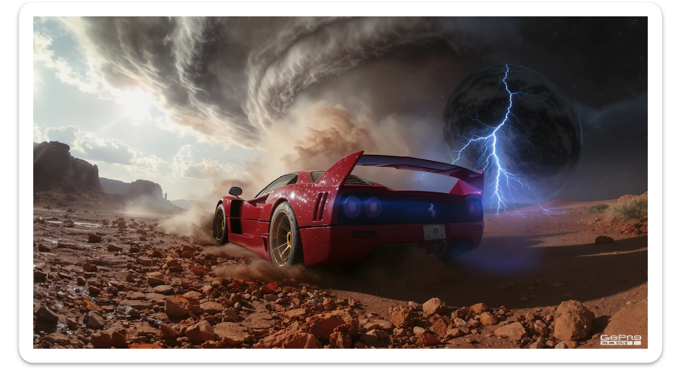 Cinematic still of a ferrari f40 around tornado od arizona desert, sun flare, big earth in background, captured by gopro hero with effect fisheye, water drops on car body, detailed sticker