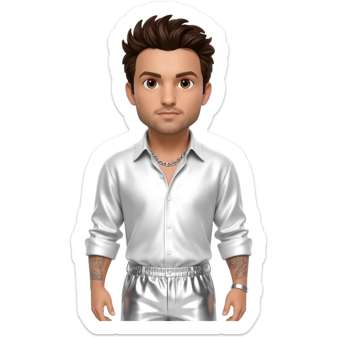 AJ McLean from Backstreet Boys with brown eyes, dark brown hair, white metallic shirt, white metallic baggy pants, silver necklace sticker