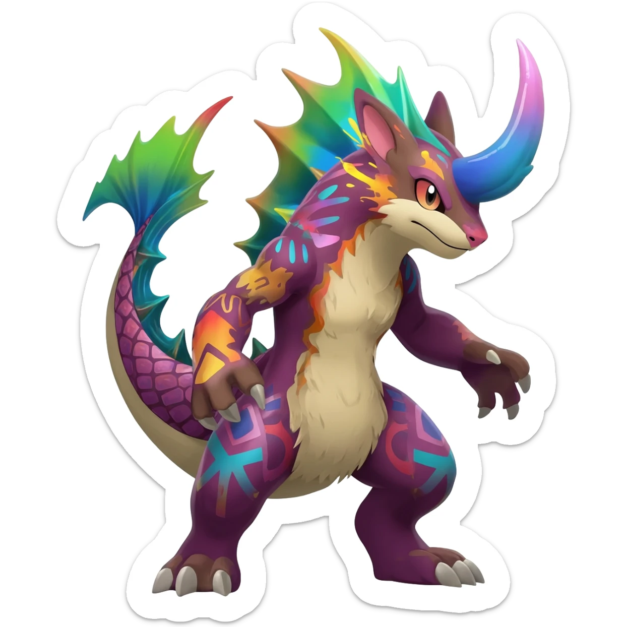 Colorful Exotic Pokémon-Fakémon-hybrid-creature (full body) with tribal intricate splash-markings and patterns and furs and scales and spikes and fins and horns  sticker