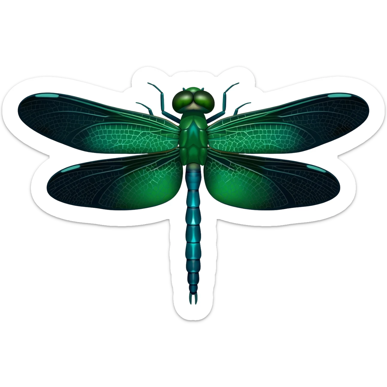 Beautiful highly detailed dragonflly, with emerald green, deep teal and black large shimmery wings sticker