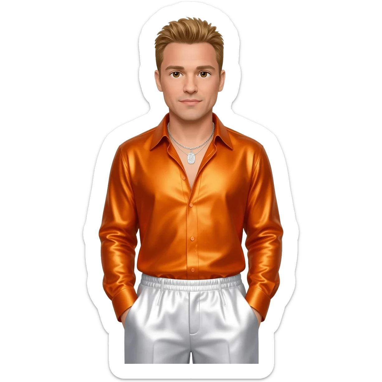 Donnie Wahlberg from NKOTB with brown eyes, golden brown hair, orange metallic shirt, white metallic baggy pants, silver necklace sticker